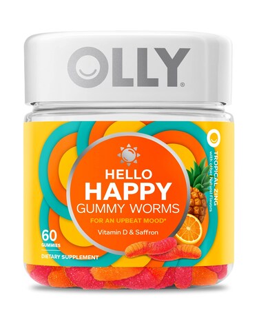 OLLY Hello Happy Gummy Worms Mood Balance Support Vitamin D Saffron Adult Chewable Supplement Tropical Zing  60 Count