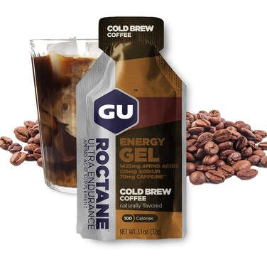 GUEnergy Roctane Ultra Endurance Energy Gel Vegan GlutenFree Kosher and DairyFree OnTheGo Sports Nutrition for Running Biking Hiking or Skiing Cold Brew 2X Caffeine 24 Packets