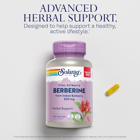 SOLARAY Berberine 500mg  Berberine Supplement for a Healthy Active Lifestyle  With Berberine HCl from Indian Barberry  Vegan NonGMO 60Day Guarantee Lab Verified  100 Servings 100 VegCaps