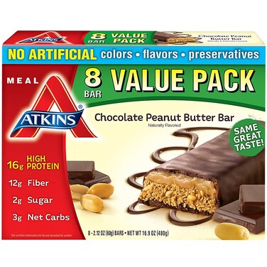 Atkins Chocolate Peanut Butter Protein Meal Bar High Fiber 16g Protein 2g Sugar 3g Net Carb Meal Replacement Keto Friendly 8 Count
