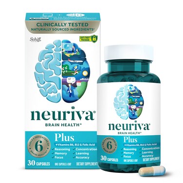 NEURIVA Plus Brain Supplement for Memory and Focus Clinically Tested Nootropics for Concentration for Mental Clarity Cognitive Enhancement Vitamins B6 B12 Phosphatidylserine 30 Capsules
