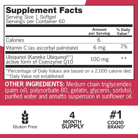 Qunol Ubiquinol CoQ10 100mg Softgels Mega Ubiquinol 100mg  Superior Absorption  Active form of Coenzyme Q10 for Heart Health  4 Month Supply  60 Count Pack of 2
