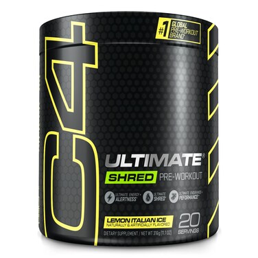 CellucorC4 Ultimate Shred Pre Workout Powder for Men  Women Metabolism Supplement with Ginger Root Extract Lemon Italian Ice 20 Servings Pack of 1