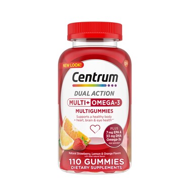 CentrumMultiGummies Multi Omega 3 Dual Action Adult Multivitamin MultivitaminMultimineralOmega 3 Supplement StrawberryLemonOrange Flavors  110 Count