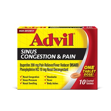 Advil Sinus Congestion and Pain Sinus Relief Medicine Pain Reliever and Fever Reducer with Ibuprofen and Phenylephrine HCl  10 Coated Tablets