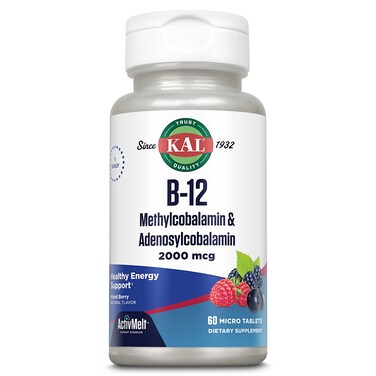 KAL Vitamin B12 Methylcobalamin and Adenosylcobalamin 2000 mcg ActivMelt B12 Energy Supplements Metabolism Nerve Red Blood Cell Support High Absorption Natural Berry 60 Serv 60 Micro Tablets