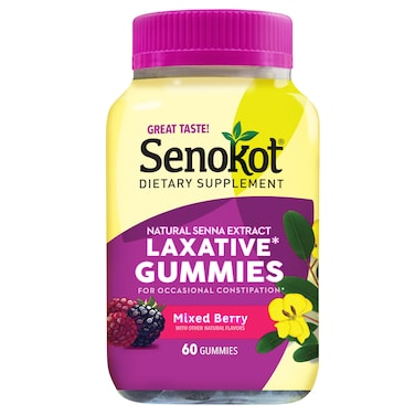 SenokotDietary Supplement Laxative Gummies Natural Senna Extract Gentle Overnight Relief from Occasional Constipation Mixed Berry Flavor 60 Count