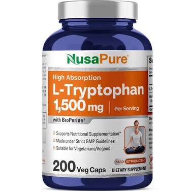 NusaPureLTryptophan 1500mg 200 Vegetarian Caps NonGMO Vegan Bioperine