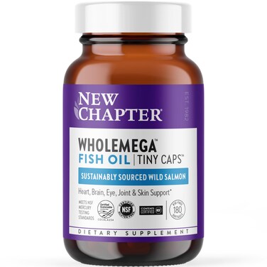 New ChapterWholemega Fish Oil Supplement  Wild Alaskan Salmon Oil with Omega3  Vitamin D3  Astaxanthin  Sustainably Caught  180 ct Tiny Caps 500mg Softgels
