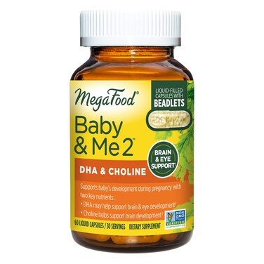 MegaFood Baby  Me 2 Prenatal DHA  Choline  Vitamins for Women  PlantBased Liquid DHA and Choline for Babys Brain and Eye Development During Pregnancy  Vegan  60 Capsules 30 Servings