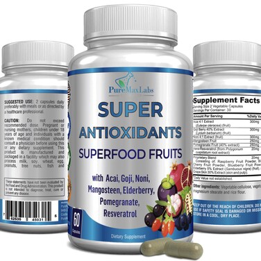 Super Antioxidant Fruit Superfood Complex  Powerful Antioxidant Superfruits Acai Goji Noni Mangosteen Pomegranate Elderberry Resveratrol Immune Support Skin Care  60 Capsules