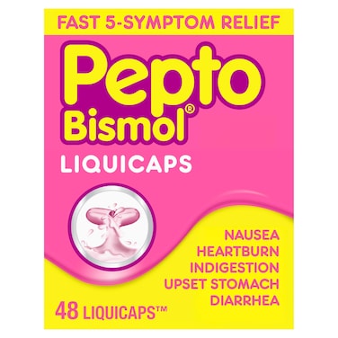Pepto BismolLiquicaps Upset Stomach Relief Bismuth Subsalicylate MultiSymptom Relief of Gas Nausea Heartburn Indigestion Upset Stomach Diarrhea 48 Liquicaps
