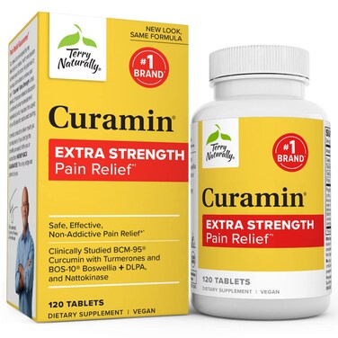 Terry Naturally Curamin Extra Strength  120 Tablets  NonAddictive Pain Relief Supplement with Curcumin Boswellia DLPA  Nattokinase  NonGMO Vegan  40 Servings
