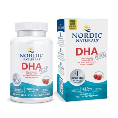 Nordic NaturalsDHA Xtra Strawberry  60 Soft Gels  1660 mg Omega3  HighIntensity DHA Formula for Brain  Nervous System Support  NonGMO  30 Servings