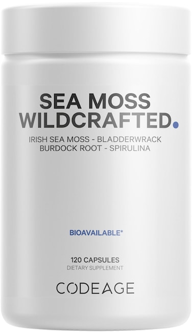 CodeageRaw Wildcrafted Irish Sea Moss Supplement Spirulina Algae Bladderwrack Seaweed Burdock Root Black Pepper Vegan NonGMO 120 Capsules
