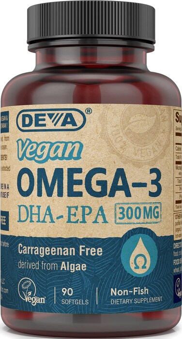 DEVA Vegan Omega3 DHA EPA Supplement OncePerDay Softgel 300 MG  Carrageenan Gelatin  Gluten Free  NonFish Algae Oil Fatty Acids  90 Softgels