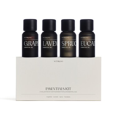 Vitruvi Essentials Kit Essential Oil Starter Kit 100 Pure Lavender Eucalyptus Grapefruit Spruce Essential Oil Set  Essential Oils for Diffusers Aromatherapy 4X 10ml 03 floz 4 Count