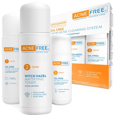 Acne Free 3 Step 24 Hour Acne Treatment Kit  Clearing System W Oil Free Acne Cleanser Witch Hazel Toner  Oil Free Acne Lotion  Acne Solution W Benzoyl Peroxide for Teens and Adults  Original