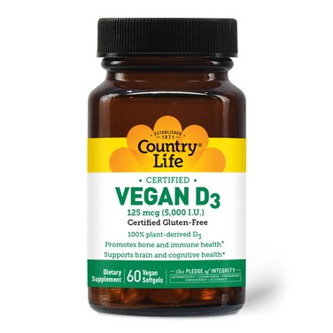 Country Life Vegan D3 5000 IU 60 Softgels Certified Gluten Free Certified Vegan