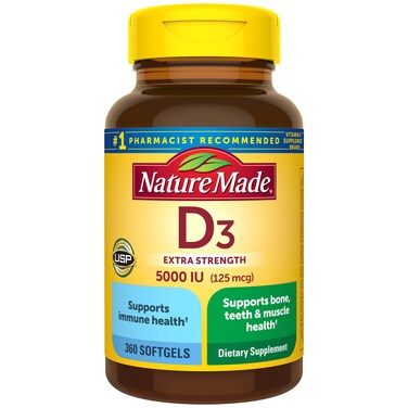 Nature Made Extra Strength Vitamin D3 5000 IU 125 mcg Dietary Supplement for Bone Teeth Muscle and Immune Health Support 360 Softgels 360 Day Supply