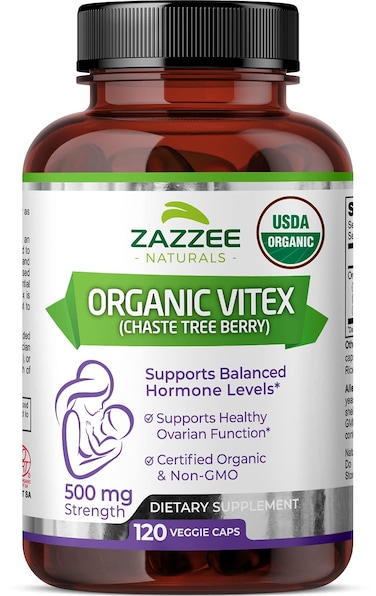 ZazzeeUSDA Organic Vitex 500 mg Strength 120 Vegan Capsules 4 Month Supply Standardized and Concentrated 4X Extract Whole USDA Certified Organic Chaste Berry AllNatural and NonGMO