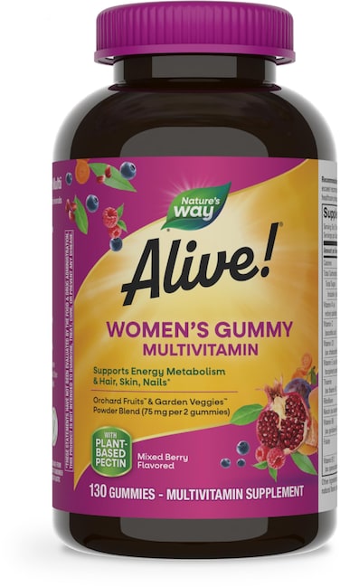 Natures Way Alive Womens Daily Gummy Multivitamins 16 Vitamins  Minerals Energy Metabolism Hair Skin  Nails Vegetarian Mixed Berry Flavored 130 Gummies Packaging May Vary