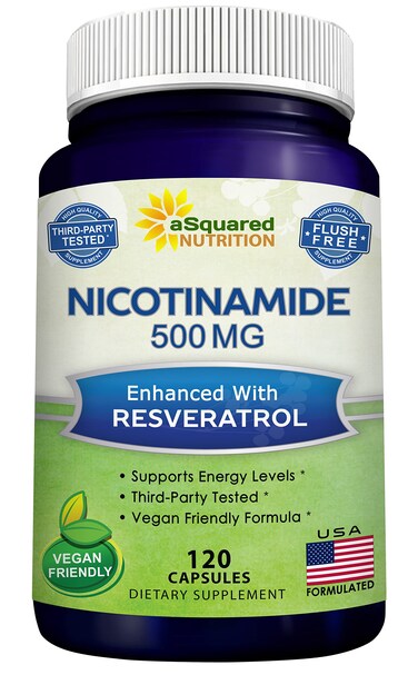 aSquared Nutrition Nicotinamide with Resveratrol  120 Veggie Capsules  Vitamin B3 500mg Niacinamide Flush Free  Supplement Pills to Support NAD Skin Cell Health  Energy