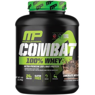 MusclePharm Combat 100 Whey Protein Powder Chocolate Milk Fast Recovery  Muscle Gain with Whey Protein Isolate High Protein Powder for Women  Men Gluten Free 5 Lb 70 Servings