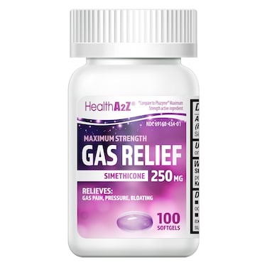 HealthA2ZGas Relief Simethicone 250mg  Maximum Strength  Fast Gas Relief  Relieve Symptoms Naturally 100 Softgels Pack of 1