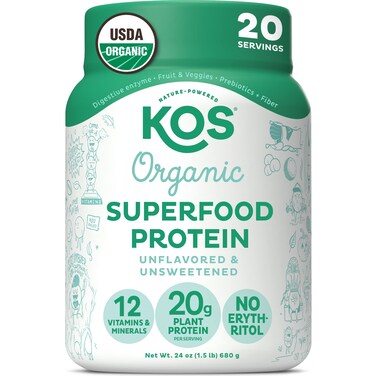 KOS Vegan Protein Powder Unflavored  Unsweetened  Low Carb Pea Protein Blend Organic Superfood Rich in Vitamins  Minerals  Keto Soy Dairy Free  Meal Replacement for Women  Men  20 Servings