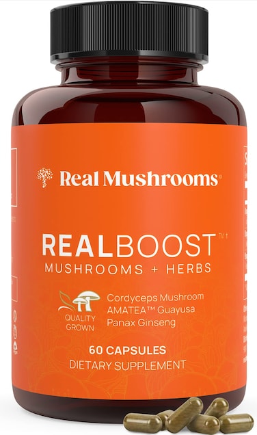 Real Mushrooms RealBoost Capsules  Mushroom Supplement Blend with Cordyceps Mushroom Panax Ginseng Extract  Guayusa Extract  Energy Immune Defense  Mood Support Supplement  Vegan 60 Caps