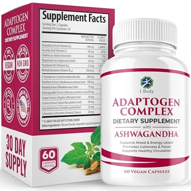 1 BodyAshwagandha Complex Supplement  Adaptogen Formula  Focus and Energy Support Supplement for Men and Women  60 Vegan Capsules
