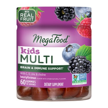 MegaFoodKids Multivitamin Gummies  Kids Vitamins  Age 4 with Vitamin C Vitamin D Zinc Choline and Real Fruit  Brain  Immune Support  Berrylicious Flavor  60 Gummies 30 Servings