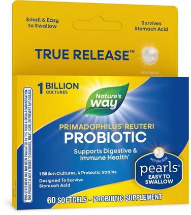 Natures Way Primadophilus Reuteri Probiotic Pearls for Men and Women Digestive and Immune Health 1 Billion Culture 4 Probiotic Strains Survives Stomach Acid 60 Softgels Packaging May Vary