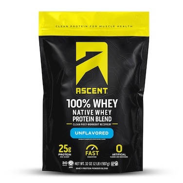 Ascent100 Whey Protein Powder  Post Workout Whey Protein Isolate Zero Artificial Flavors  Sweeteners Gluten Free 55g BCAA 26g Leucine Essential Amino Acids Unflavored 2 lb