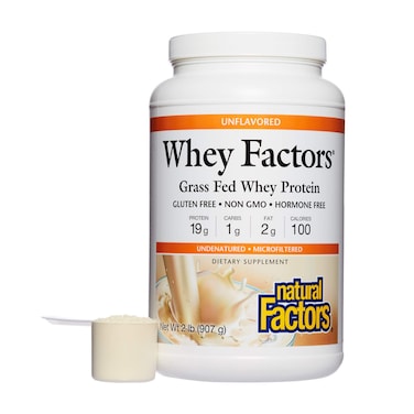 Whey Factors by Natural Factors Grass Fed Whey Protein Concentrate Aids Muscle Development and Immune Health Unflavored 2 lb