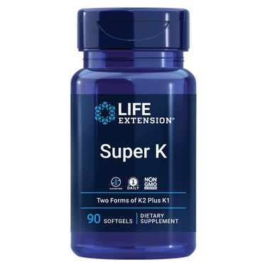 Life Extension Super K vitamin K1 vitamin K2 mk7 vitamin K2 mk4 vitamin C boneheartarterial health 3month supply GlutenFree 1 Daily NonGMO 90 softgels