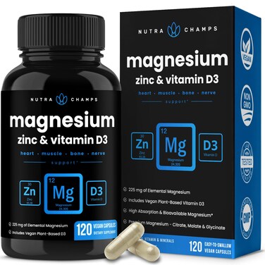 NutraChamps Magnesium Zinc  Vitamin D3 Supplement  Most Bioavailable Forms Magnesium Glycinate Malate Citrate  Bone Muscle  Heart Health Immune Support  120 Vegan Capsules