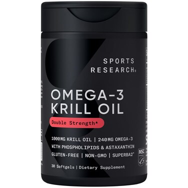 Sports Research Antarctic Krill Oil Omega 3 Softgels 1000mg Double Strength with Phospholipids Choline  Astaxanthin  Sustainably Sourced NonGMO Verified  Gluten Free  30 Capsules