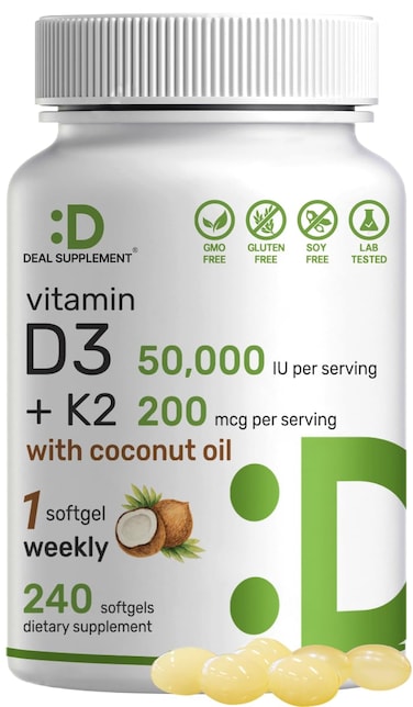 DEAL SUPPLEMENT Vitamin D3 50000 IU  K2 MK7 200 mcg240 Softgels  Virgin Coconut Oil Max Strength Vitamin D  K Promotes Heart Bone  Teeth Health  One Softgel Weekly Easy to Swallow