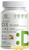 DEAL SUPPLEMENT Vitamin D3 50000 IU  K2 MK7 200 mcg240 Softgels  Virgin Coconut Oil Max Strength Vitamin D  K Promotes Heart Bone  Teeth Health  One Softgel Weekly Easy to Swallow