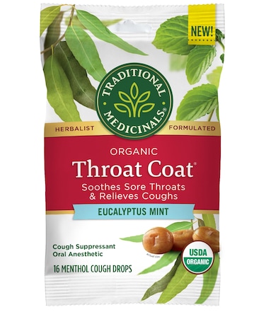 Traditional Medicinals Throat Coat Organic Cough Drops Eucalyptus Mint with Menthol Soothes Sore Throats  Relieves Coughs 16ct