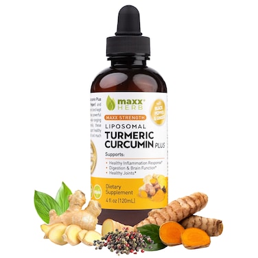 Maxx Herb Liquid Turmeric Curcumin  Liposomal Turmeric Supplement with Black Pepper BioPerine  Ginger  Max Strength Extract for Joint Health  Digestion  4 Oz Bottle 60 Servings