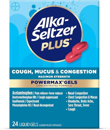 AlkaSeltzer Plus Maximum Strength Cough Mucus  Congestion Powermax Liquid Gels Fast and Effective Chest Congestion Relief Cough Suppressant For Adults and Children 12 Years and Older 24 Count