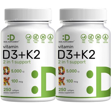 DEAL SUPPLEMENT 2 Pack Vitamin D3 K2 Softgel 250 Count 21 Complex Vitamin D3 5000 IU  Vitamin K2 MK7 Promotes Heart Bone  Teeth Health  Very Easy to Swallow