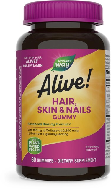Natures WayAlive Hair Skin  Nails Gummies Advanced Beauty Formula with Biotin and Collagen Strawberry Flavored 60 Gummies Packaging May Vary