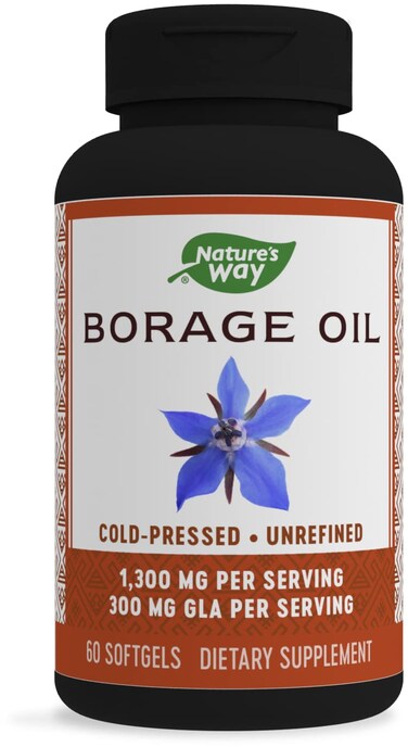 Natures Way Borage Oil Cold Pressed  Unrefined GLA Supplement 1300mg Per Serving 60 Softgels
