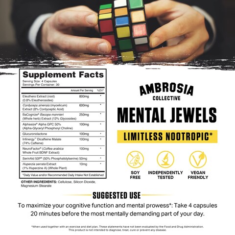 Ambrosia Mental Jewels Capsules  Cognitive Enhancer  Increase Memory Communication Skills Concentration  Focus  Alpha GPC Choline BaCognize  120 Veggie Capsules 30 Day Supply