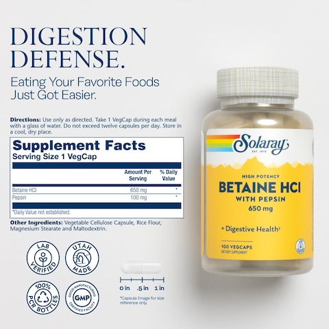 SOLARAYHigh Potency Betaine HCL with Pepsin  Hydrochloric Acid Supplement for Digestive Health  with Betaine Hydrochloride and Digestive Enzymes  Gut Health Support  60Day Guarantee 100 VegCaps