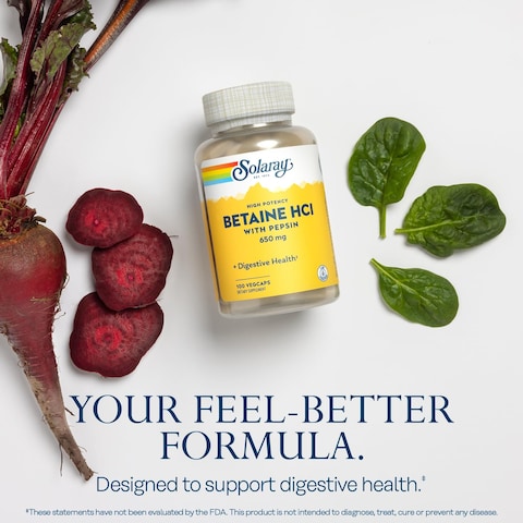 SOLARAYHigh Potency Betaine HCL with Pepsin  Hydrochloric Acid Supplement for Digestive Health  with Betaine Hydrochloride and Digestive Enzymes  Gut Health Support  60Day Guarantee 100 VegCaps